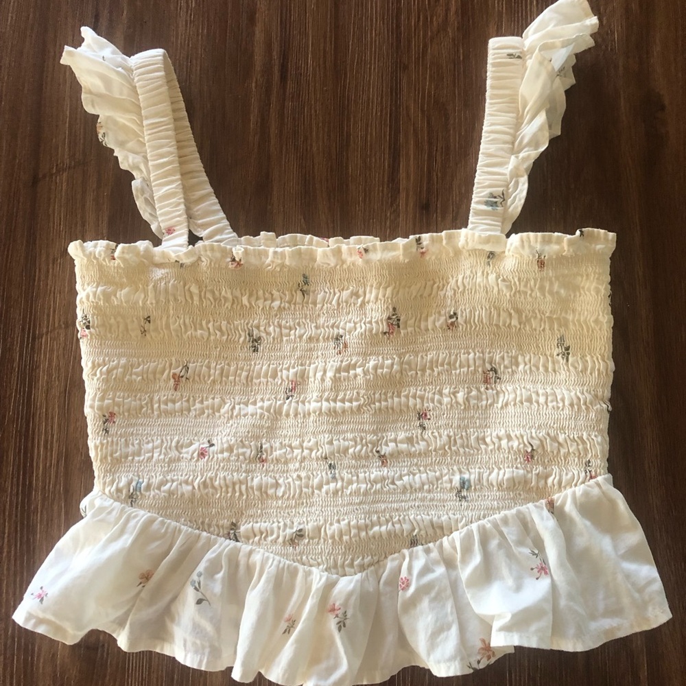 American Eagle Outfitters Cream Smocked Floral Ruffle Crop Top
